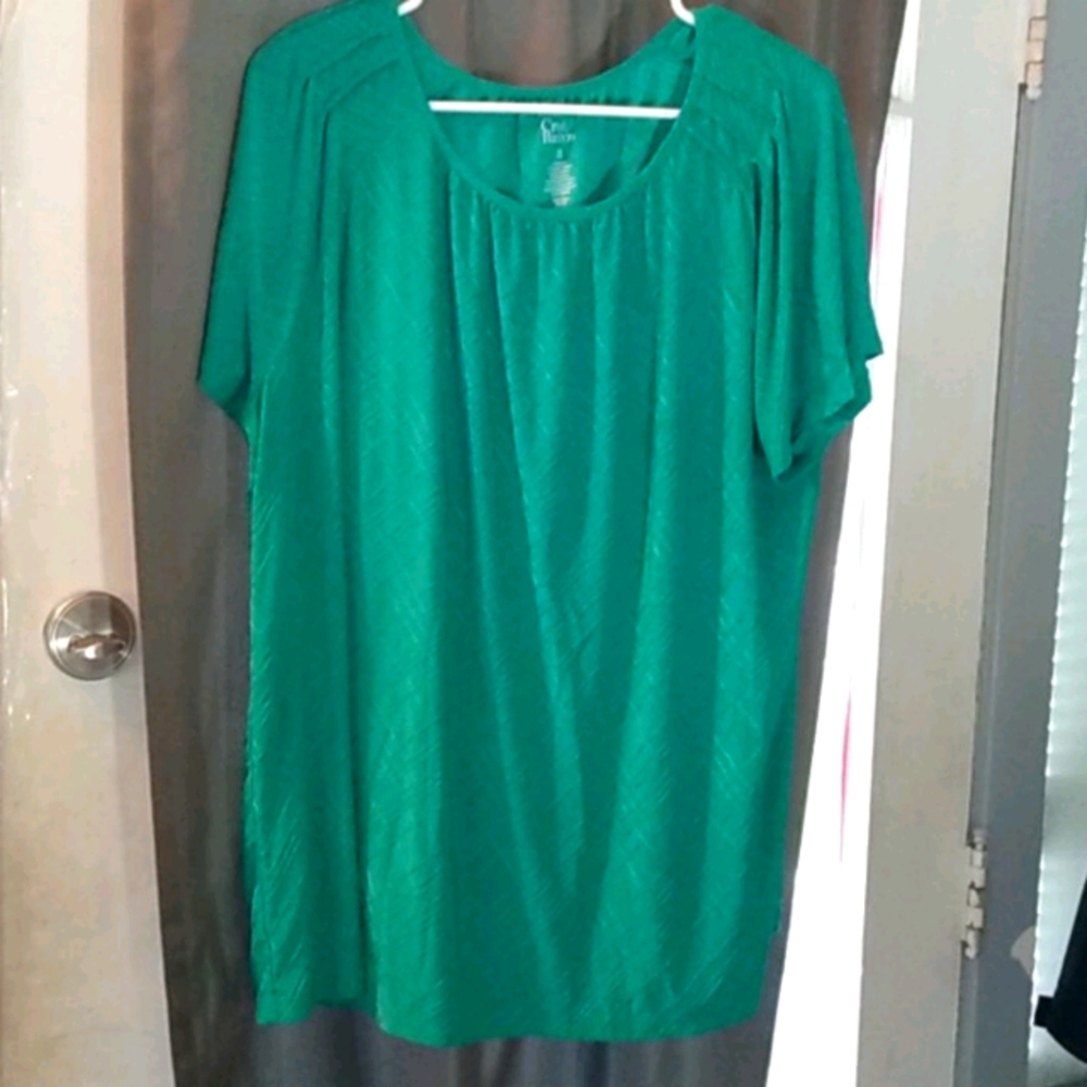 Green, slinky material, t shirt